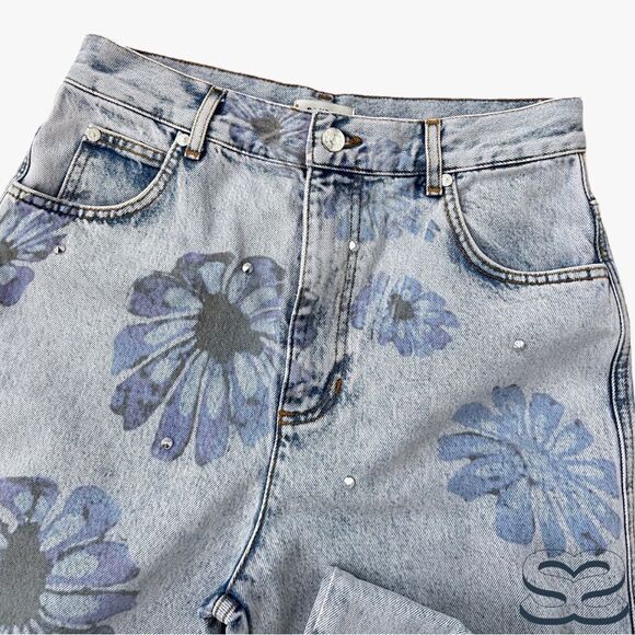 Sandro **NWT** Blossom Floral Print Rhinestone Straight Jeans in Blue Je… - Picture 14 of 15